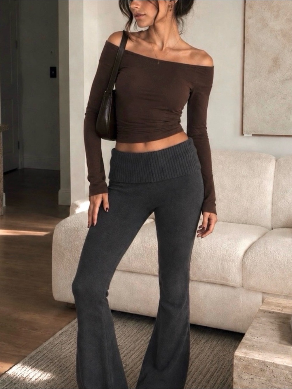 NWOT Edikted Knit Desiree Fold-Over Waist Flared Pants - Dark Blue